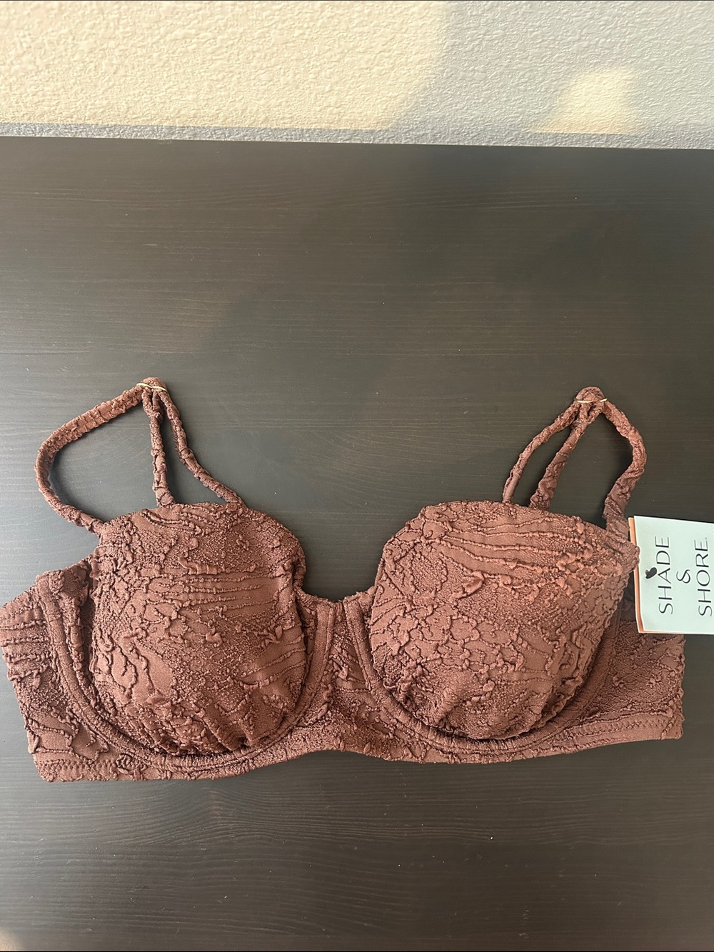 Shade & Shore Brown Textured Lace Bikini Top with Adjustable Straps